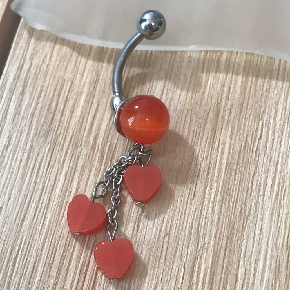 ORANGE CAT EYE HEART DANGLE BELLY BUTTON RING 14 G NAVEL RING NEW PIERCING